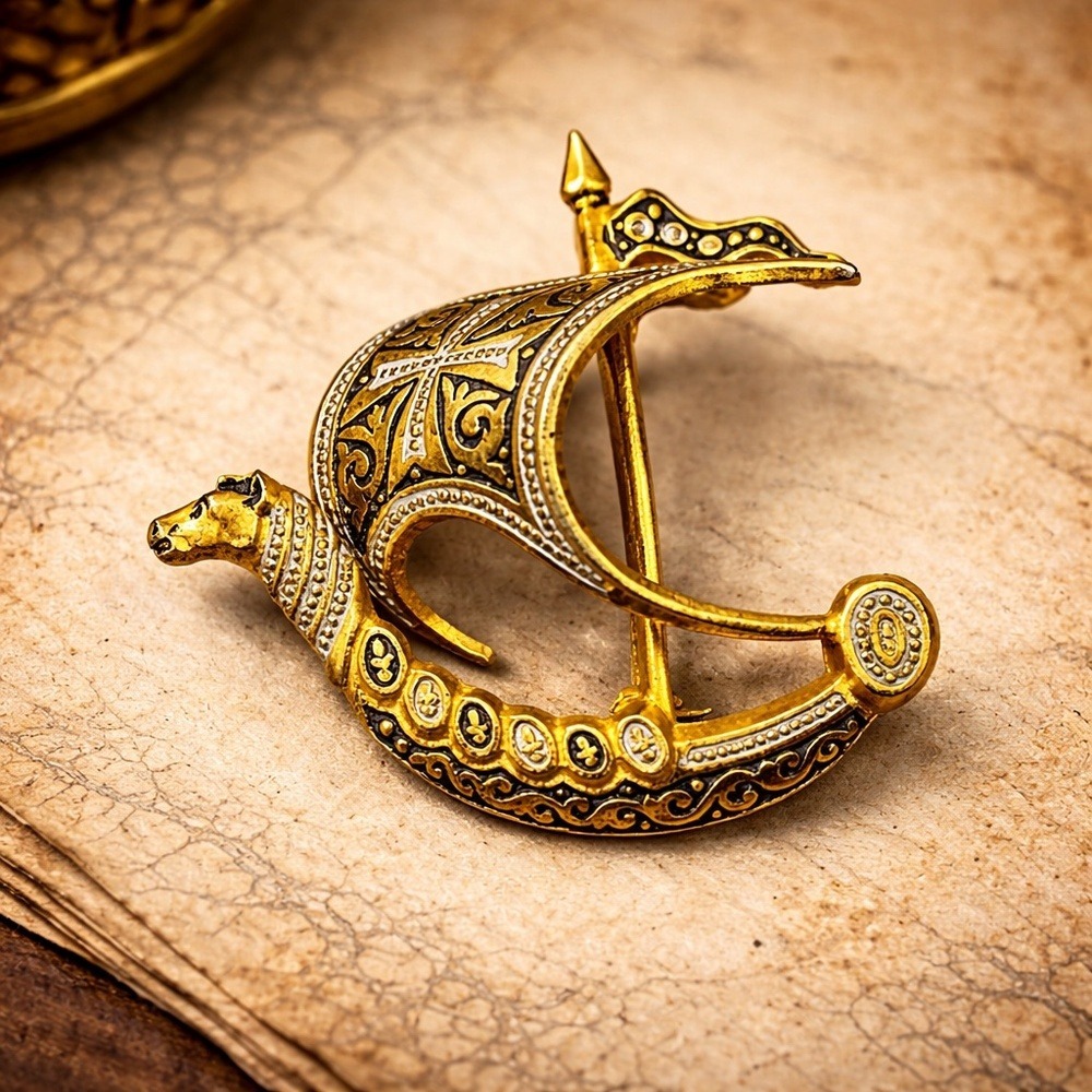 Vintage‎ Gold Black Viking Ship Brooch Damascene Style OS